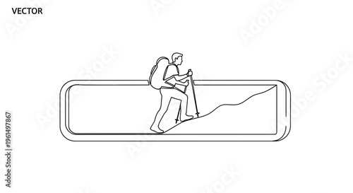 Minimalist vector illustration of a person hiking uphill with trekking poles embodying outdoor