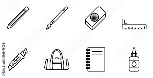 School supplies outline icons set including pencil brush eraser ruler cutter bag notebook and glue