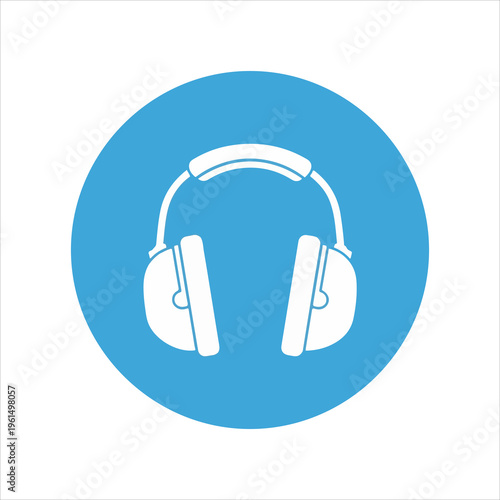 White headphones icon on a blue circle background.