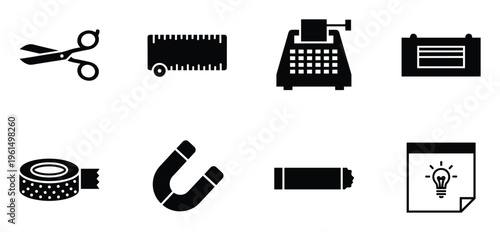 Solid black silhouette icons of stationery equipment with typewriter magnet and lightbulb note icon
