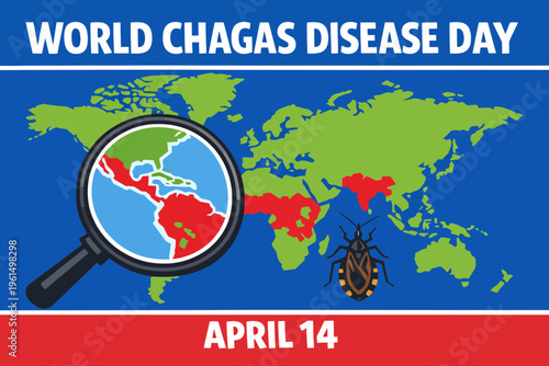 World Chagas Disease Day banner with a symbolic world map and magnifying glass focusing on endemic areas