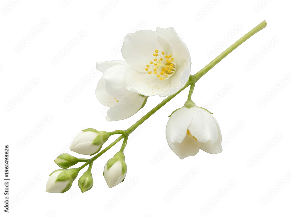 Obraz premium White jasmine flowers on green stem with buds