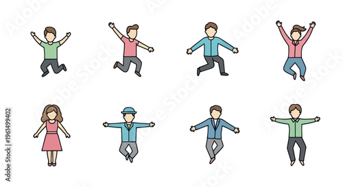 Set of diverse cartoon people in jumping and standing poses, colorful flat style illustrations for creative projects and presentations