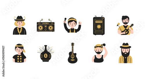 Set of diverse musicians, musical instruments, and sound equipment icons in modern flat style for music projects and creative designs