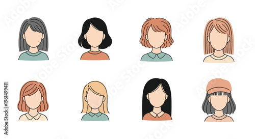Set of eight faceless female avatars with different hairstyles and clothing, ideal for social media, profile icons, and web design projects