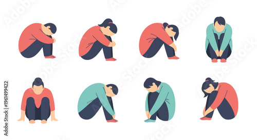 Set of eight illustrations showing people in curled up, hugging knees poses representing sadness, stress, or contemplation, ideal for mental health or emotional support content