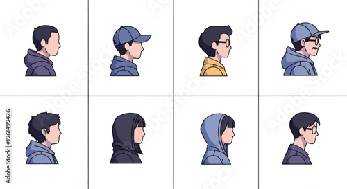 Set of diverse young people side profile avatars in casual clothing with caps, glasses, hoodies and jackets, modern flat style for social media or apps