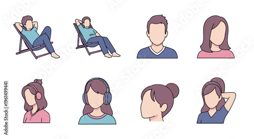 Set of faceless cartoon people illustrations relaxing, listening to music with headphones, and casual hairstyles, suitable for lifestyle and leisure projects