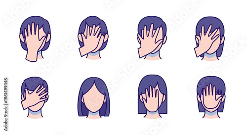 Set of faceless woman avatars with hands covering faces showing privacy, anonymity, hiding and emotional gestures, perfect for social media and user profiles