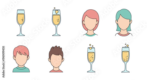 Set of flat style avatar icons with different hairstyles and champagne glasses with bubbles, perfect for social media and celebration themes