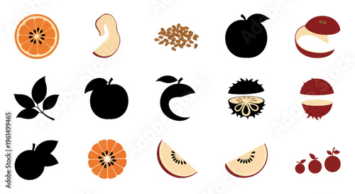 Set of rowan berries and leaves icons, whole and sliced fruits with seeds, stylized and silhouette vectors for nature and food design