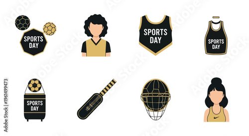 Sports Day icons set with players, equipment, and jerseys in black and gold color scheme, perfect for athletic event promotions and designs