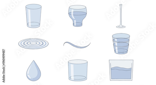 Water glass illustration set with various shapes and water levels, including drop and ripple effects, ideal for design and educational use