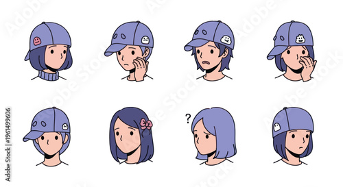 Cartoon character avatars with various emotional expressions and purple hats, perfect for storytelling, digital communication, and social media content