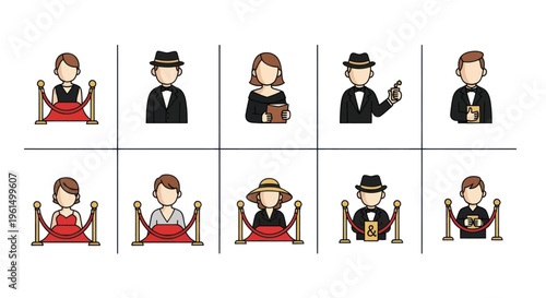 Cartoon illustration of celebrities and VIP guests at a red carpet event with ropes and formal attire, perfect for entertainment and event promotions