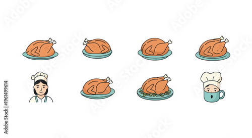 Cartoon roasted turkey icons with chefs and cooked poultry on plates, perfect for food and holiday cooking designs