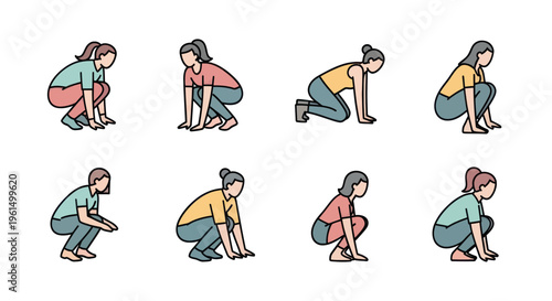 Cartoon women in various squatting and crouching poses, minimalistic flat design illustration perfect for fitness, yoga, and exercise concepts