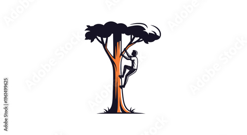 Vibrant illustration of a person scaling a towering tree, symbolizing aspiration and nature