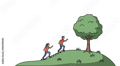 Determined individuals ascending a winding natural staircase on a green hill towards a majestic tree