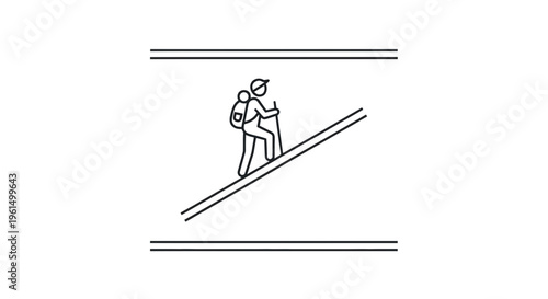 Minimalist line art illustrating a determined backpacker ascending an uphill trail with a walking