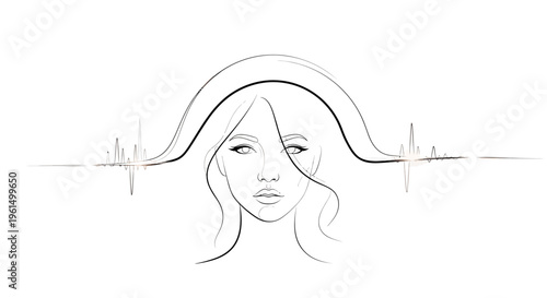 Elegant minimalist line drawing of a woman's face interwoven with rhythmic patterns symbolizing