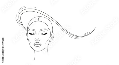 Elegant minimalist line art woman with expressive flowing ponytail vector graphic