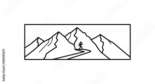 Minimalist line art illustration featuring a solitary hiker embarking on an epic journey through a