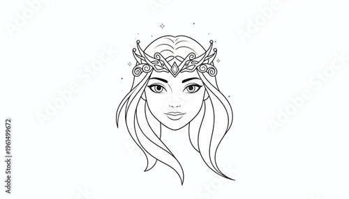 Elegant Line Art Illustration of a Fantasy Woman Adorned with a Majestic Crown and Sparkling Aura