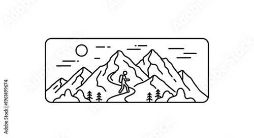Outline drawing depicting a solitary adventurer hiking winding trails amidst a rugged mountain