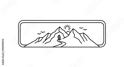 Simple graphic depicting an adventurer hiking a winding mountain path towards illuminated peaks