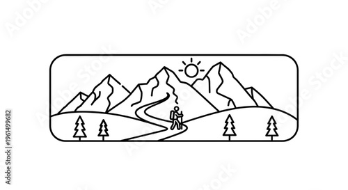 Minimalist monochrome line art depicting a solo hiker on an adventurous mountain trail under a