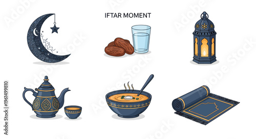 Iftar moment illustration with crescent moon, dates, glass of water, lantern, teapot and cup, soup bowl, and prayer rug for Ramadan and Islamic fasting concepts