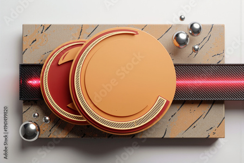 Abstract composition featuring layered circular elements, glowing red light, and metallic spheres on a textured surface