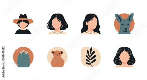 Minimalist faceless avatar icons set featuring diverse hairstyles, accessories, animals and nature elements, perfect for modern branding and profile use