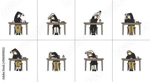 Office desk stretching exercises for workers and students to reduce stiffness and improve posture, health and focus during long sitting hours