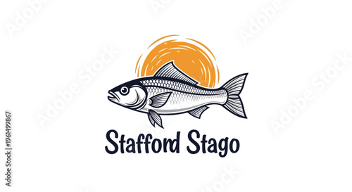 Vintage fish logo illustration with an orange sunset circle on a white background