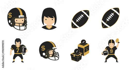 Set of American football icons including players in uniform, helmets, footballs, and equipment boxes, ideal for sports and game design projects