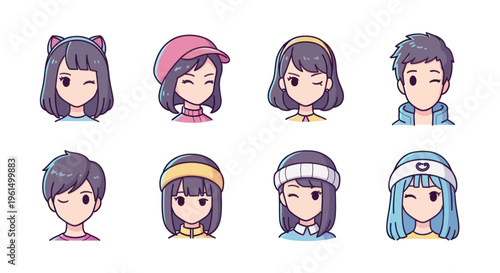 Set of cartoon anime avatars winking with different hairstyles and accessories, perfect for gaming profiles, social media, or chat applications