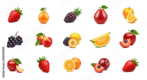 Assorted fresh fruits including strawberry, pear, blackberry, apple, grape, melon, and peach on white background, perfect for healthy lifestyle and food design