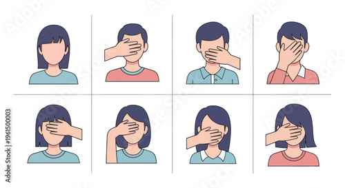 Cartoon illustration of diverse men and women with hands covering their eyes, symbolizing blindness, denial, or ignorance, perfect for mental health or awareness projects