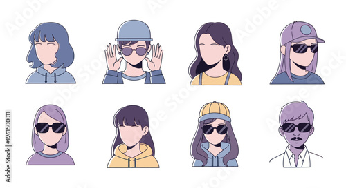 Trendy young people avatar set with sunglasses and casual fashion, perfect for social media profiles and modern digital projects