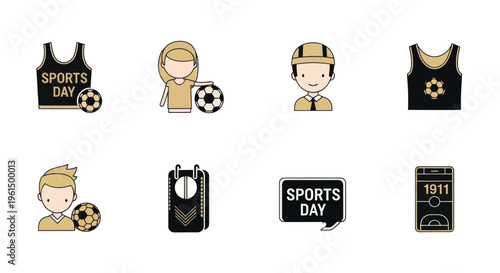Sports day soccer icons set including players, jerseys, coach, scoreboard, and tactics board for game strategy and sports event design