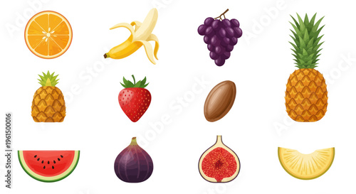 Collection of colorful tropical and fresh fruits icons including orange, banana, grapes, pineapple, strawberry, watermelon, fig and more for healthy food design