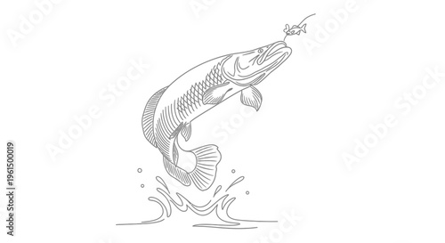Dynamic line art illustration of a powerful fish leaping from the water in pursuit of a small lure