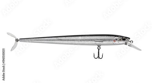 Sleek silver fishing lure with propeller tail and treble hook for effective angling adventures