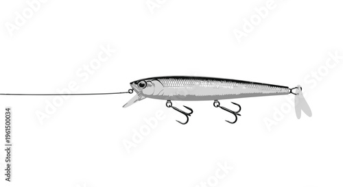 Detailed grayscale illustration of a classic fishing minnow lure for angling enthusiasts