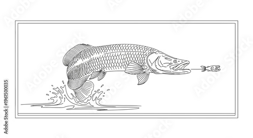 Dynamic illustration of a powerful freshwater predator fish leaping from water to snatch its