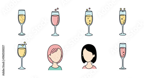 Vector illustration of champagne and wine glasses with two women avatars, celebration and party concept, simple flat design for social media or event visuals