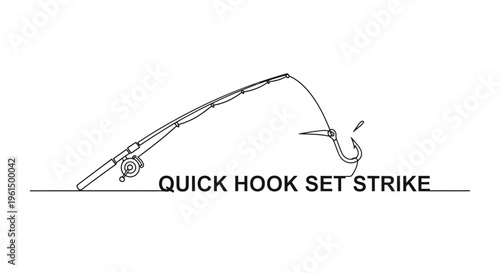 Minimalist fishing rod design with reel and hook ready for action, a continuous line art