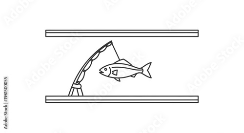 Simple Outline Drawing of a Caught Fish on a Fishing Rod Between Horizontal Lines Icon
